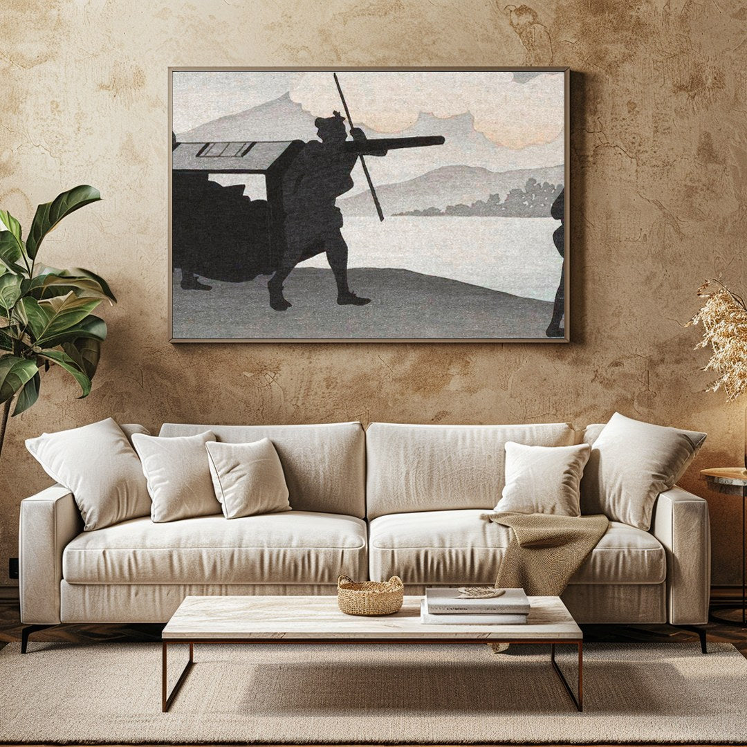 This captivating artwork features silhouetted figures set against a tranquil lakeside backdrop. The for Family Room