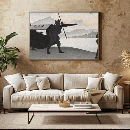 This captivating artwork features silhouetted figures set against a tranquil lakeside backdrop. The for Family Room