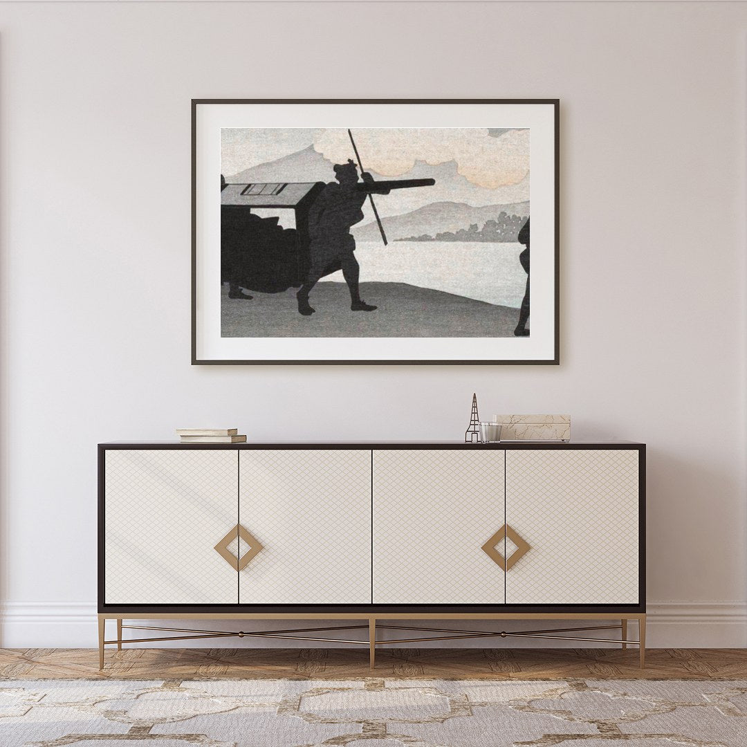 This captivating artwork features silhouetted figures set against a tranquil lakeside backdrop. The for Foyer