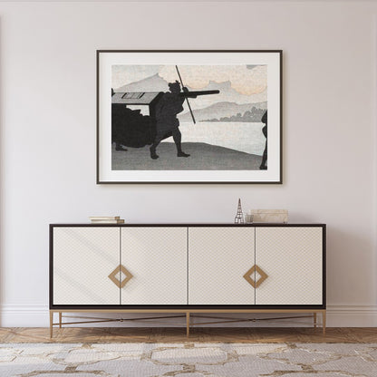 This captivating artwork features silhouetted figures set against a tranquil lakeside backdrop. The for Foyer