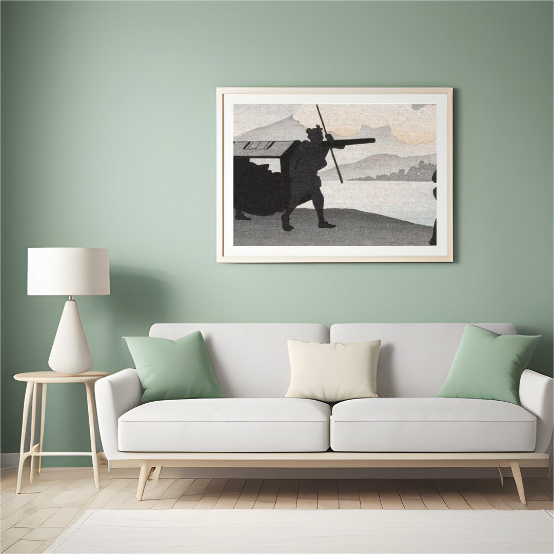 This captivating artwork features silhouetted figures set against a tranquil lakeside backdrop. The for Hall