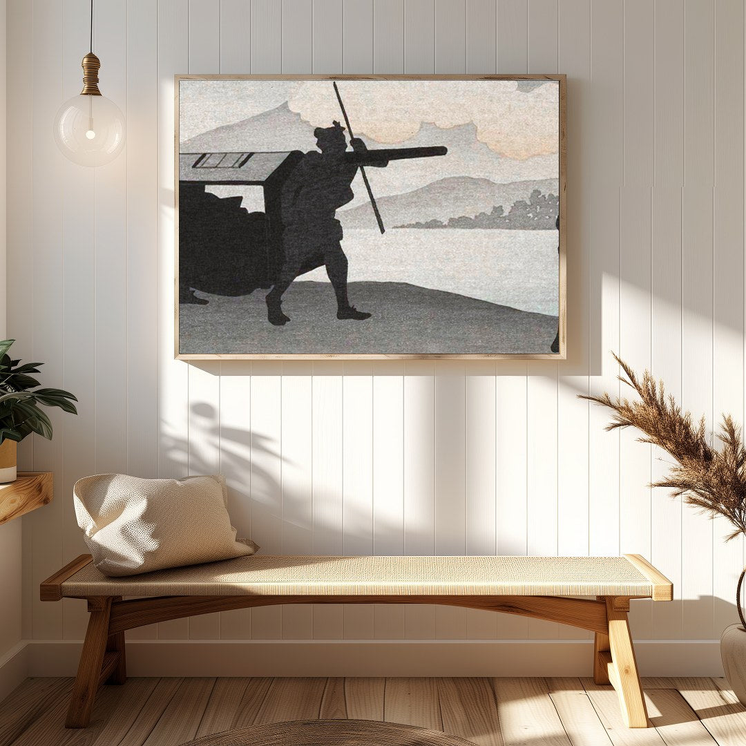 This captivating artwork features silhouetted figures set against a tranquil lakeside backdrop. The for Hallway