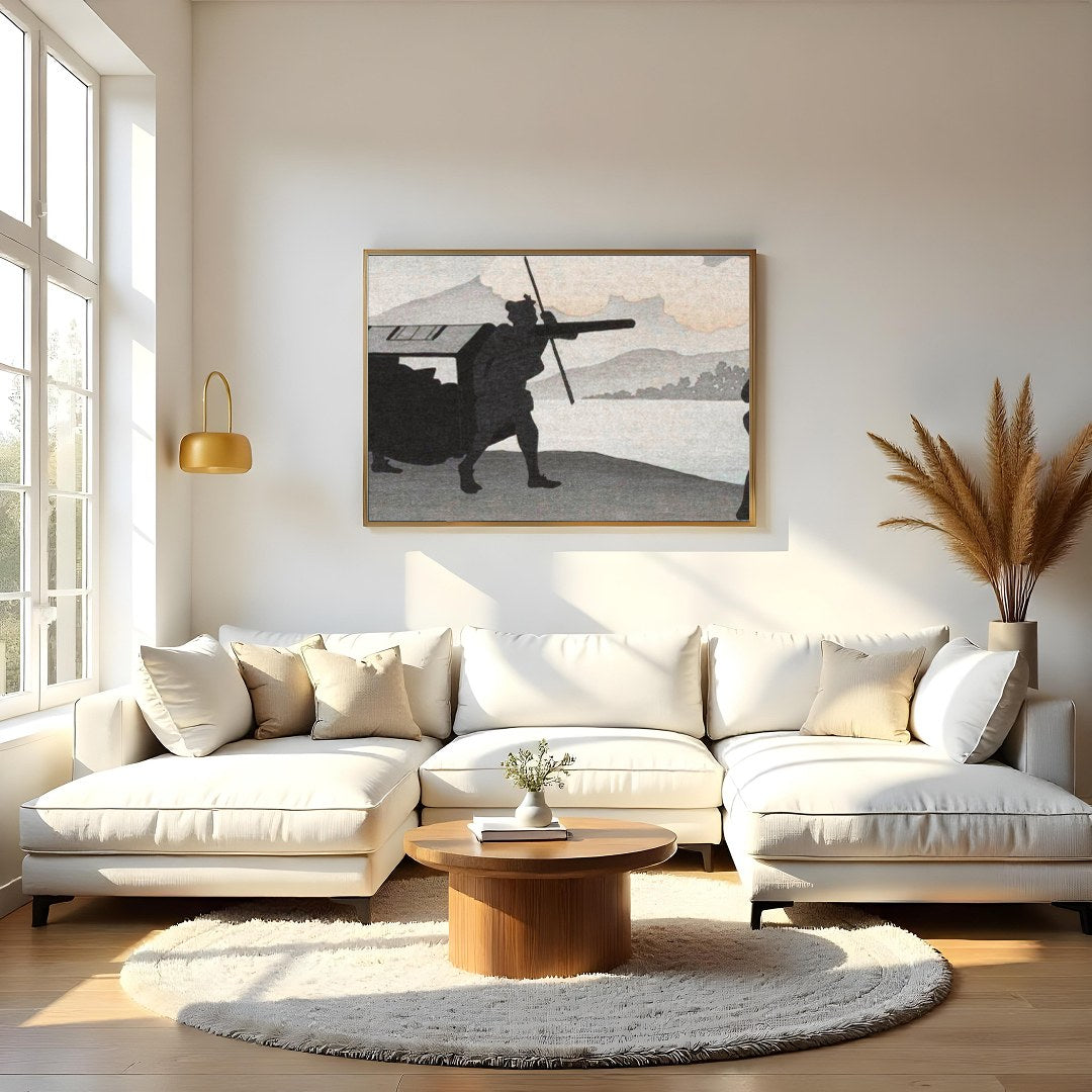 This captivating artwork features silhouetted figures set against a tranquil lakeside backdrop. The for Living Room