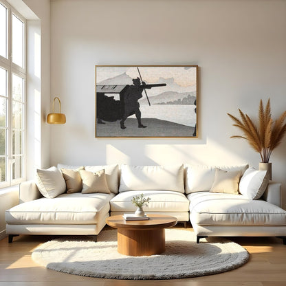 This captivating artwork features silhouetted figures set against a tranquil lakeside backdrop. The for Living Room