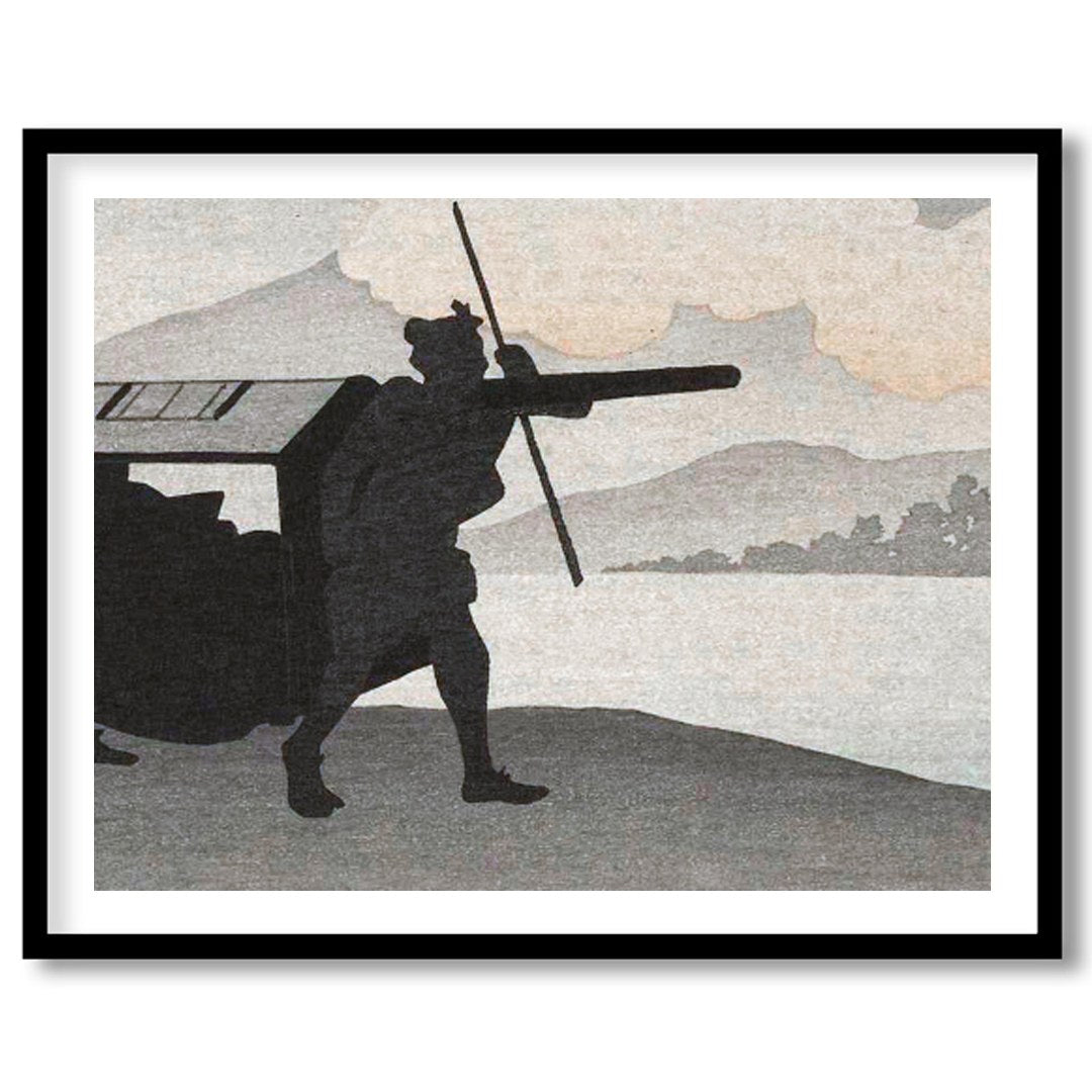 This captivating artwork features silhouetted figures set against a tranquil lakeside backdrop. The for loft