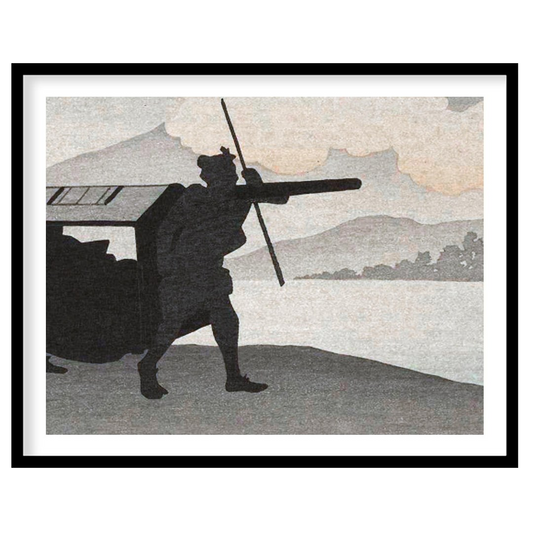 This captivating artwork features silhouetted figures set against a tranquil lakeside backdrop. The for loft
