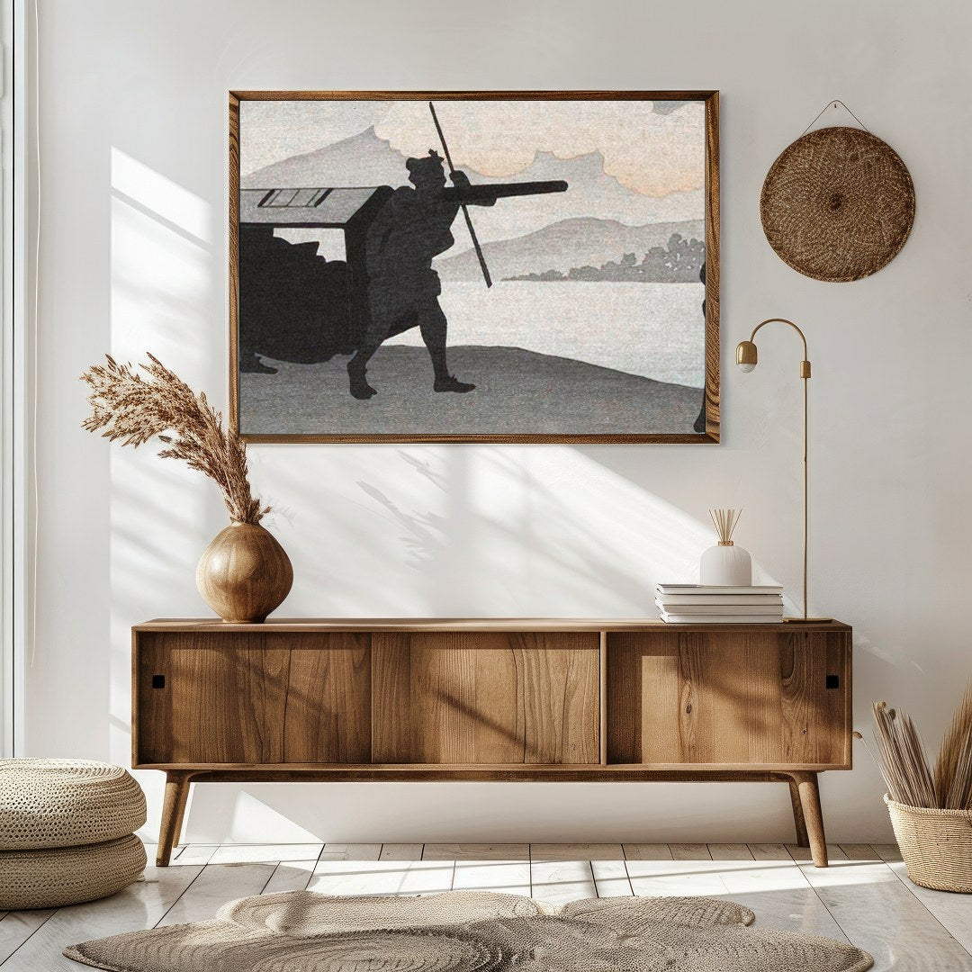 This captivating artwork features silhouetted figures set against a tranquil lakeside backdrop. The for Sitting Area