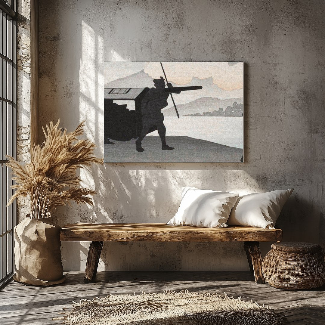 This captivating artwork features silhouetted figures set against a tranquil lakeside backdrop. The for Veranda