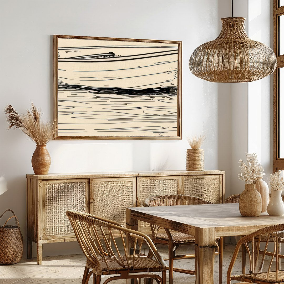 This minimalist sketch captures the tranquil essence of a solitary boat resting on calm waters. for Dining