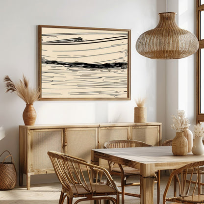 This minimalist sketch captures the tranquil essence of a solitary boat resting on calm waters. for Dining
