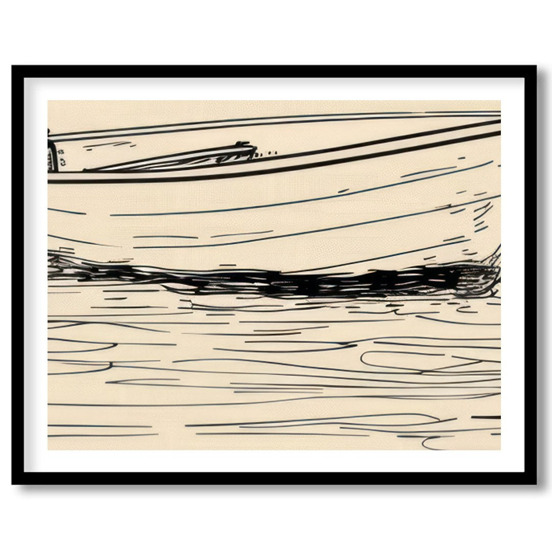 This minimalist sketch captures the tranquil essence of a solitary boat resting on calm waters. for dwelling