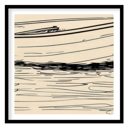 This minimalist sketch captures the tranquil essence of a solitary boat resting on calm waters. for dwelling
