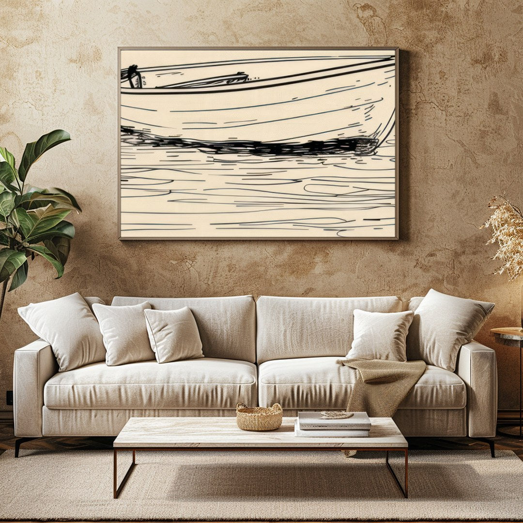 This minimalist sketch captures the tranquil essence of a solitary boat resting on calm waters. for Family Room