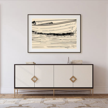 This minimalist sketch captures the tranquil essence of a solitary boat resting on calm waters. for Foyer