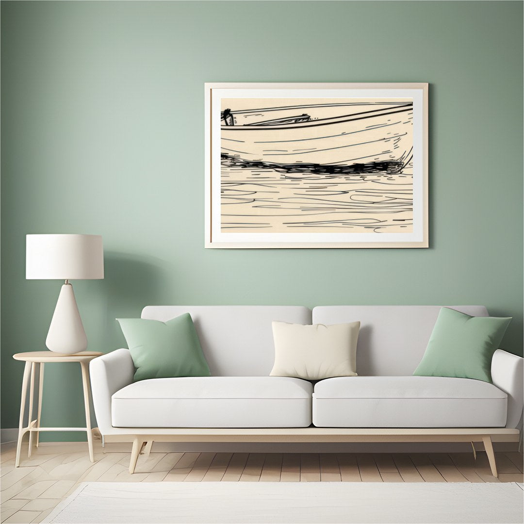 This minimalist sketch captures the tranquil essence of a solitary boat resting on calm waters. for Hall
