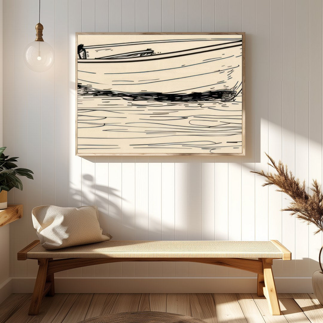 This minimalist sketch captures the tranquil essence of a solitary boat resting on calm waters. for Hallway
