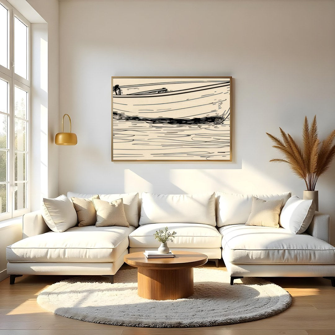 This minimalist sketch captures the tranquil essence of a solitary boat resting on calm waters. for Living Room