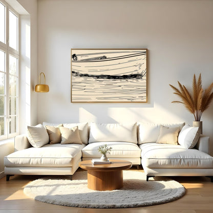 This minimalist sketch captures the tranquil essence of a solitary boat resting on calm waters. for Living Room