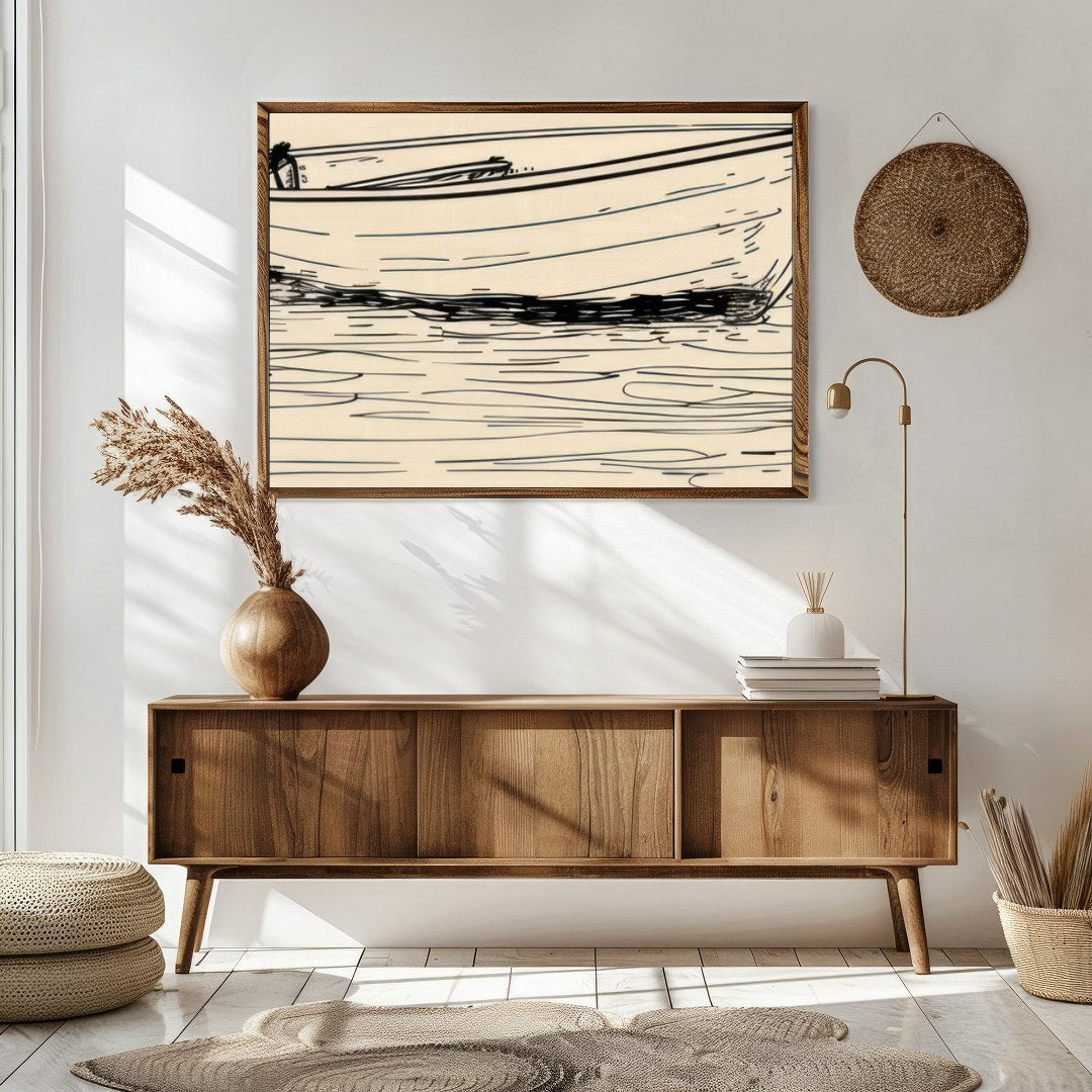 This minimalist sketch captures the tranquil essence of a solitary boat resting on calm waters. for Sitting Area