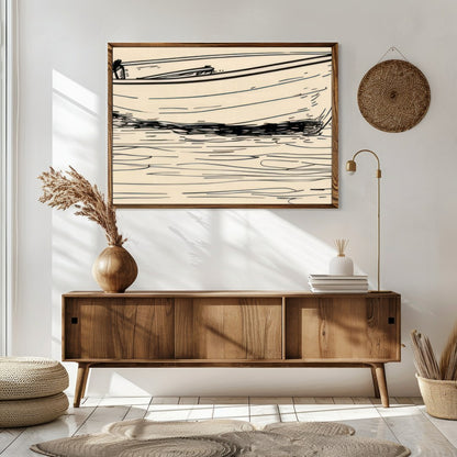 This minimalist sketch captures the tranquil essence of a solitary boat resting on calm waters. for Sitting Area