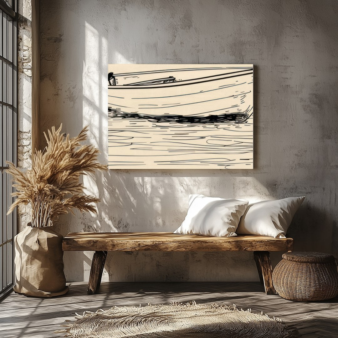 This minimalist sketch captures the tranquil essence of a solitary boat resting on calm waters. for Veranda