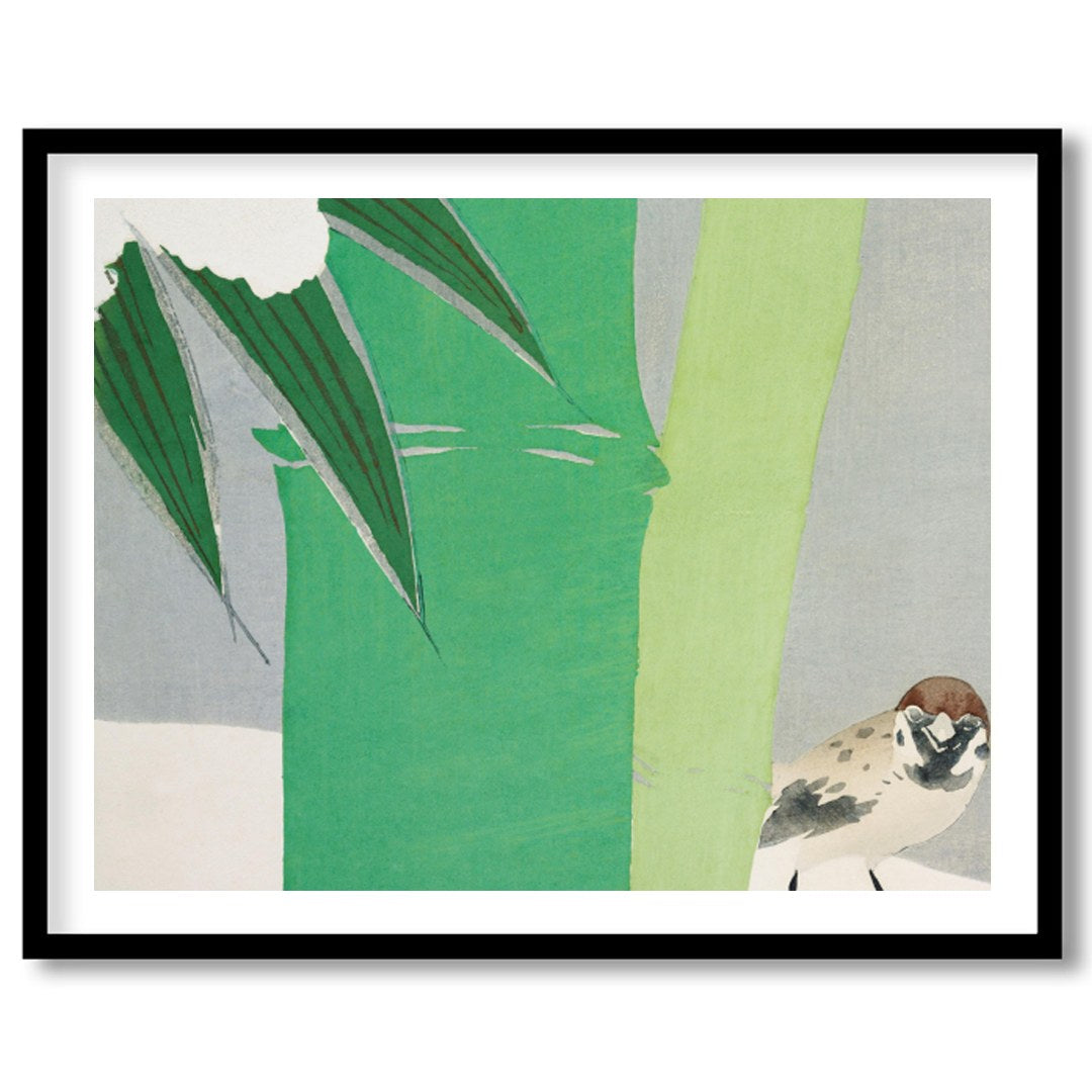 This elegant artwork captures a sparrow nestled by a vibrant bamboo stalk, set against a soft gray for abode