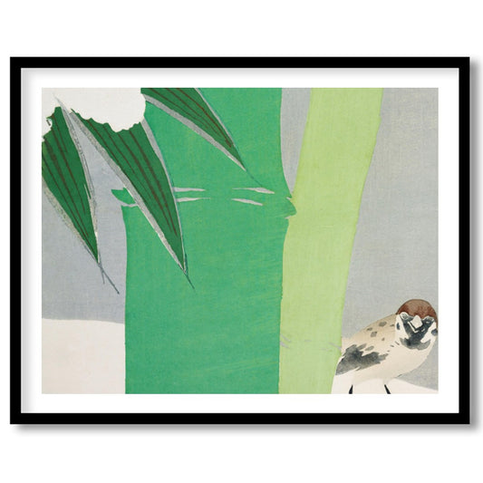 This elegant artwork captures a sparrow nestled by a vibrant bamboo stalk, set against a soft gray for abode