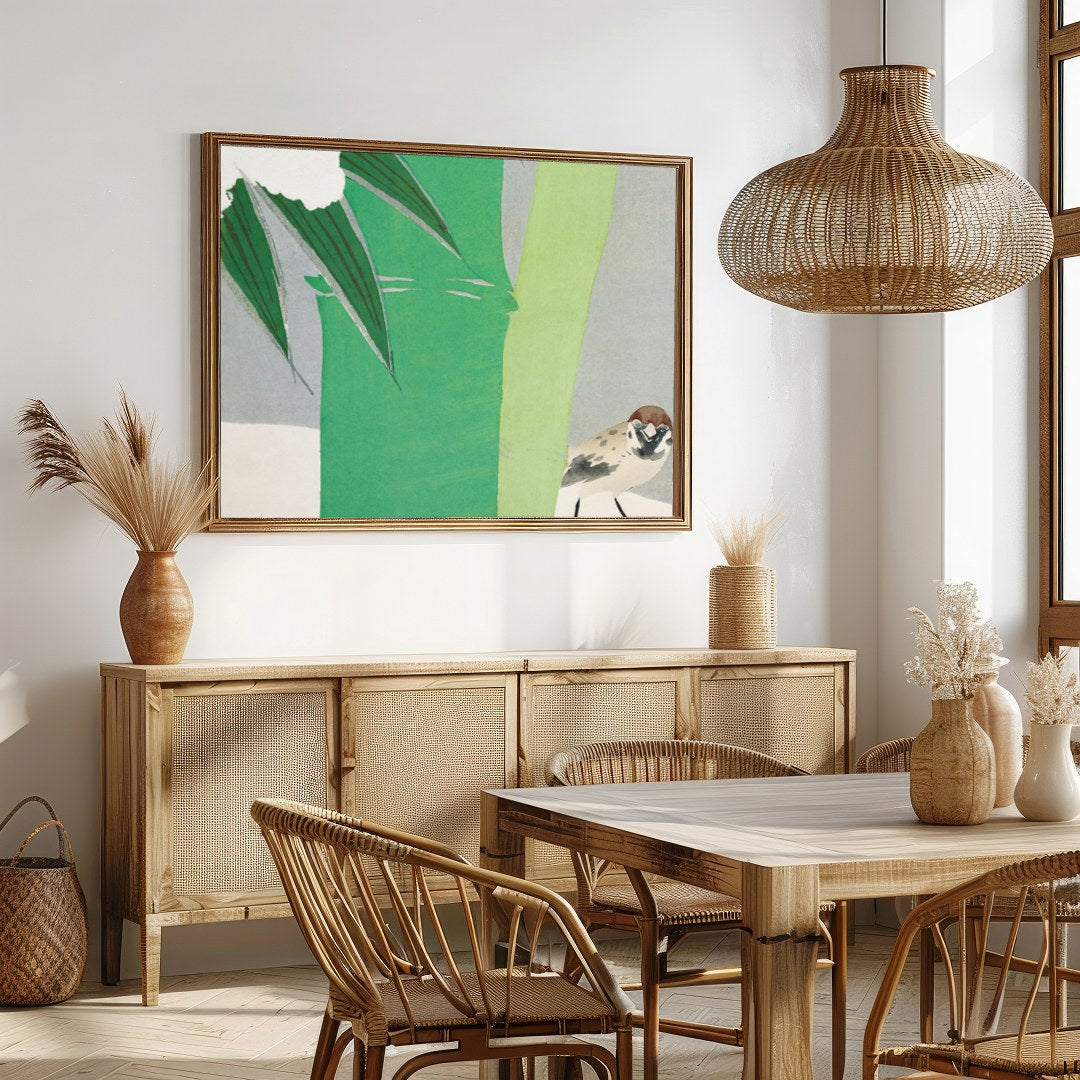 This elegant artwork captures a sparrow nestled by a vibrant bamboo stalk, set against a soft gray for Dining