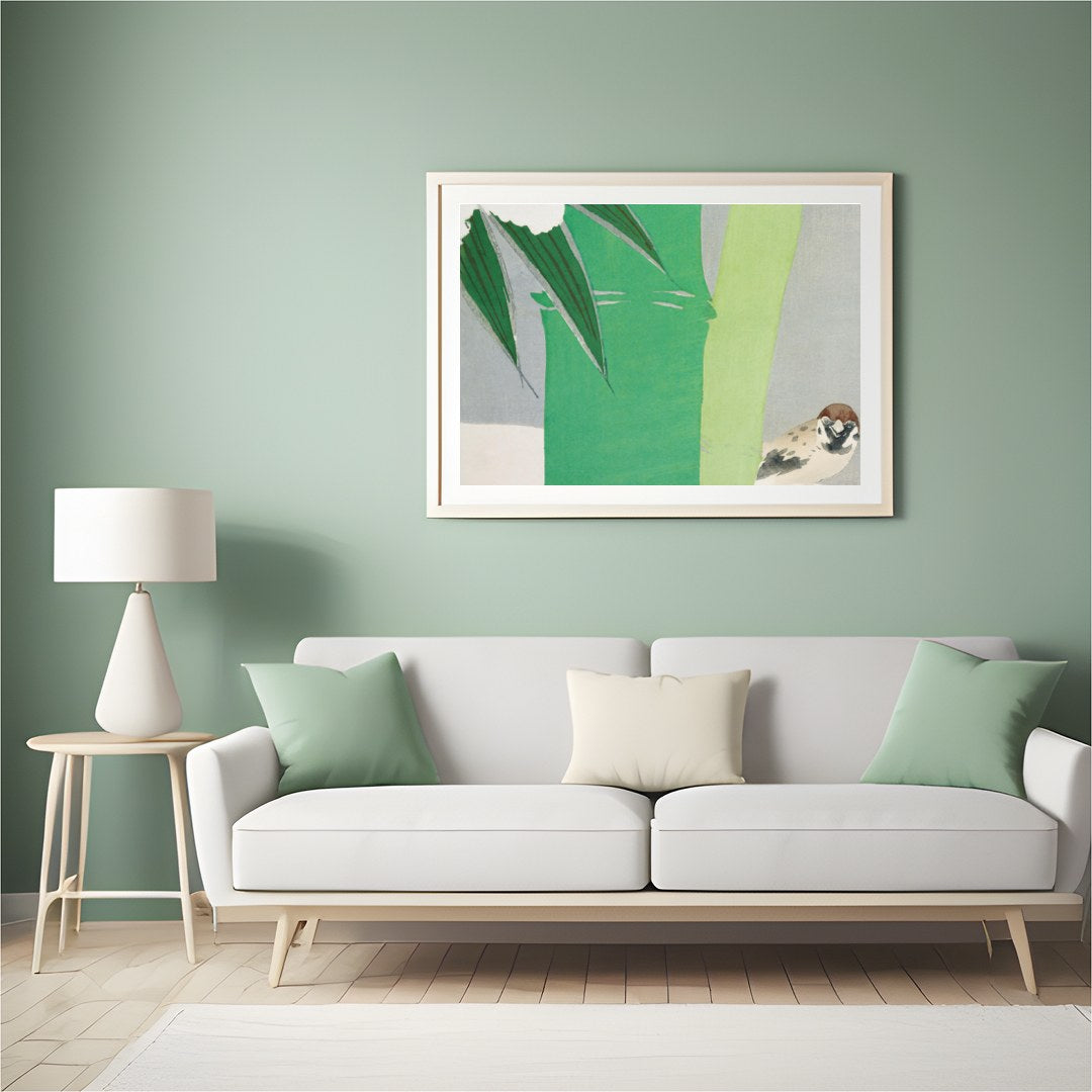 This elegant artwork captures a sparrow nestled by a vibrant bamboo stalk, set against a soft gray for Hall