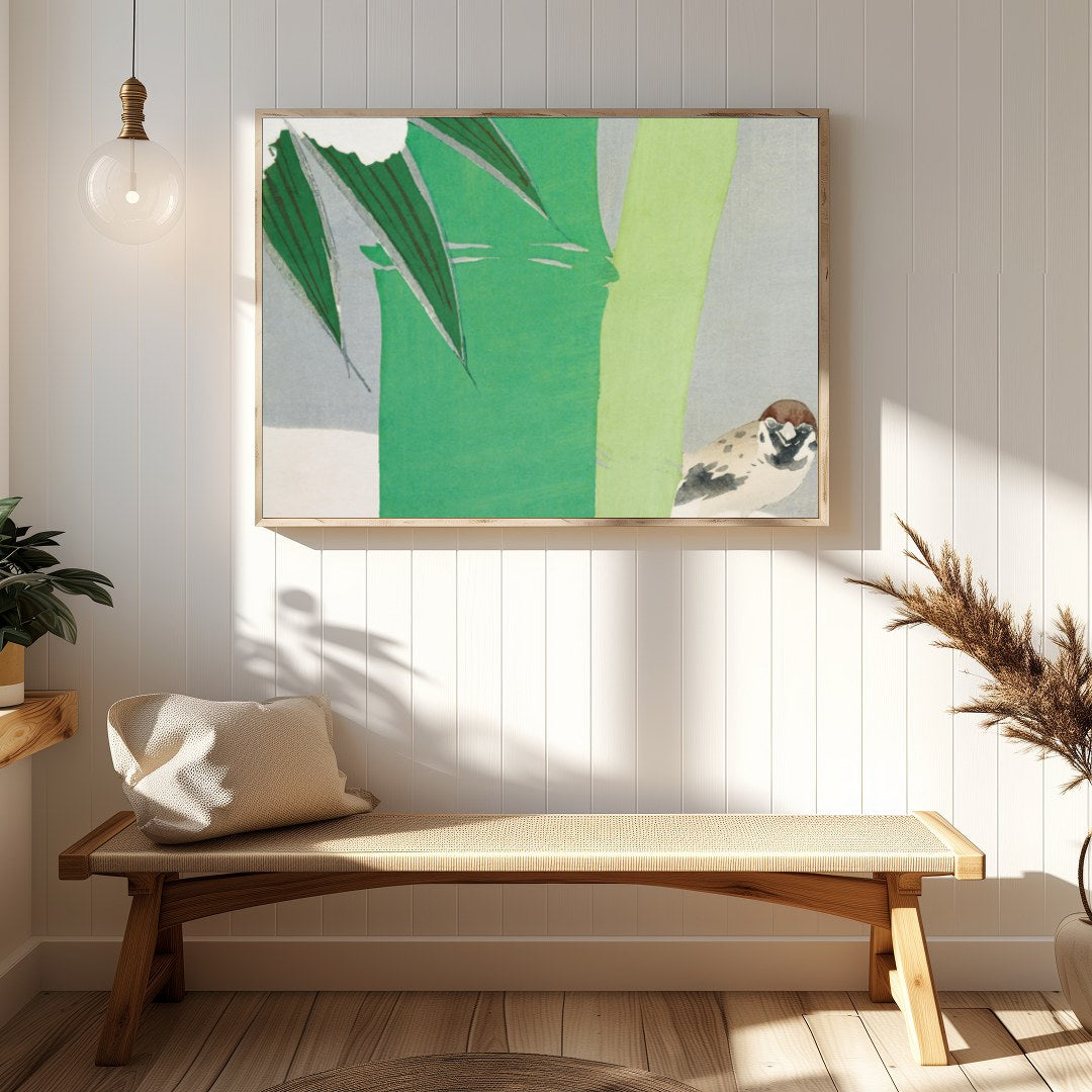 This elegant artwork captures a sparrow nestled by a vibrant bamboo stalk, set against a soft gray for Hallway