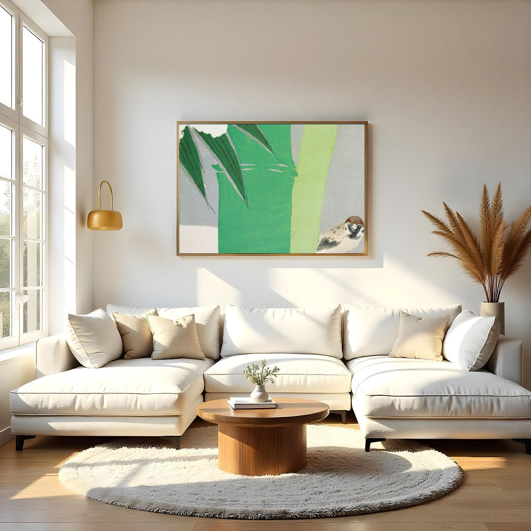 This elegant artwork captures a sparrow nestled by a vibrant bamboo stalk, set against a soft gray for Living Room