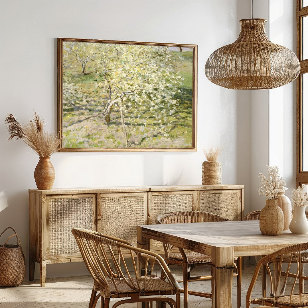 Immerse yourself in the tranquility of spring with this exquisite landscape painting. Featuring for Dining