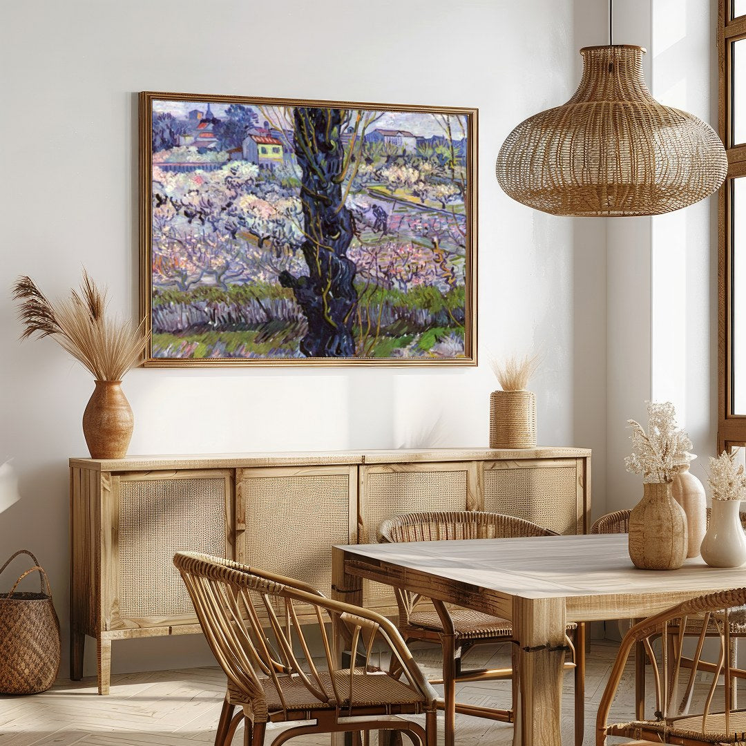 Capture the tranquility of a spring orchard with this enchanting artwork. Through intricate for Dining