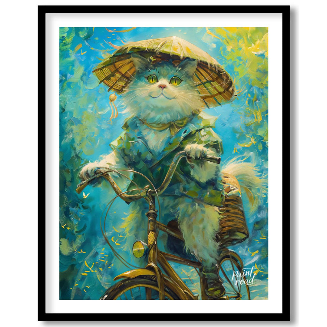 This enchanting digital painting depicts a fluffy white cat, wearing a large, traditional straw hat… for area