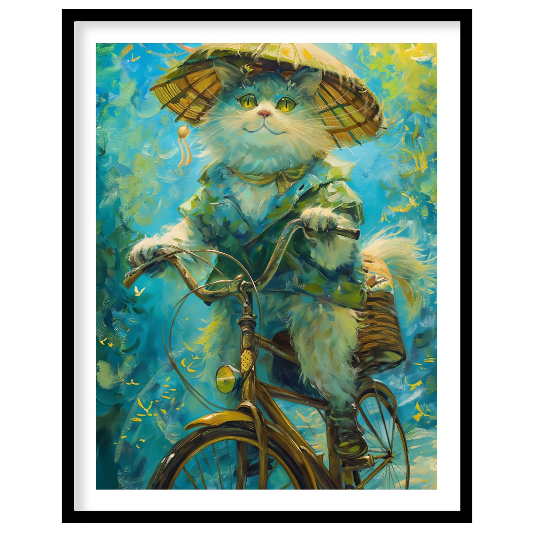 This enchanting digital painting depicts a fluffy white cat, wearing a large, traditional straw hat… for area