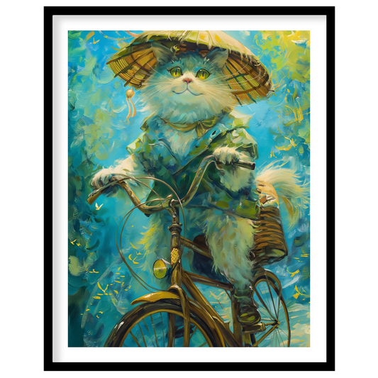 This enchanting digital painting depicts a fluffy white cat, wearing a large, traditional straw hat… for area