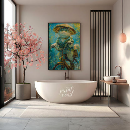 This enchanting digital painting depicts a fluffy white cat, wearing a large, traditional straw hat… for bathroom