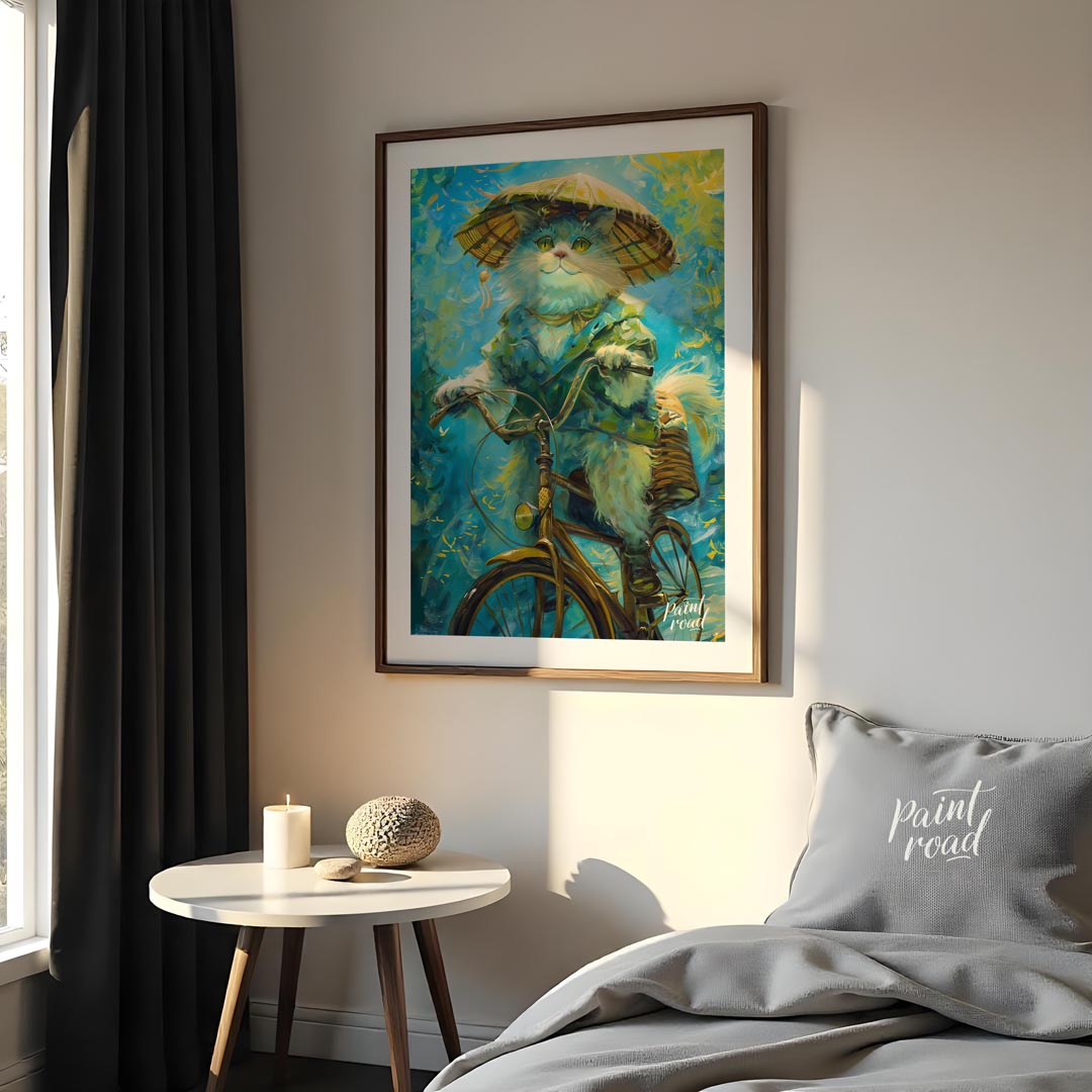 This enchanting digital painting depicts a fluffy white cat, wearing a large, traditional straw hat… for bedroom