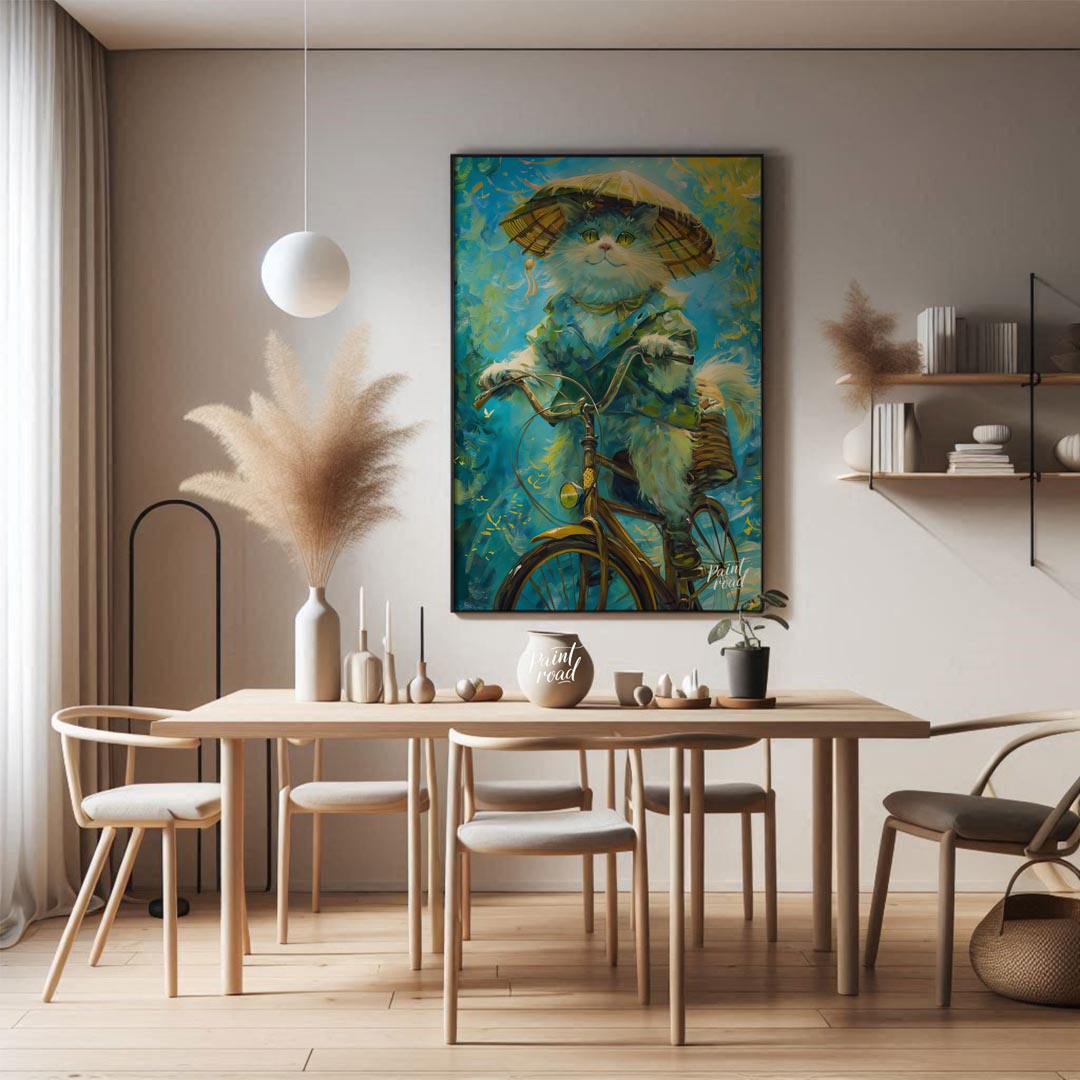 This enchanting digital painting depicts a fluffy white cat, wearing a large, traditional straw hat… for dining room