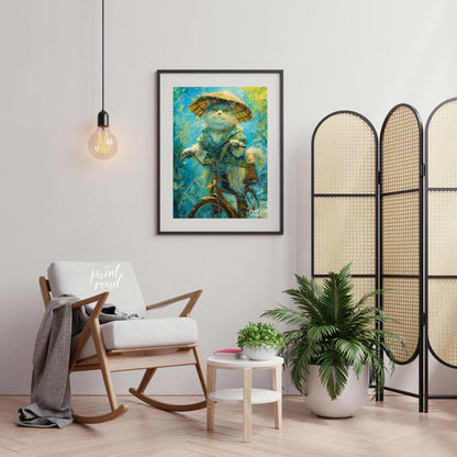 This enchanting digital painting depicts a fluffy white cat, wearing a large, traditional straw hat… for living room