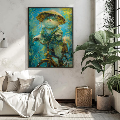 This enchanting digital painting depicts a fluffy white cat, wearing a large, traditional straw hat… for living room