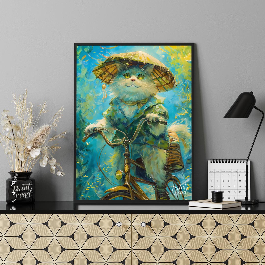 This enchanting digital painting depicts a fluffy white cat, wearing a large, traditional straw hat… for living room