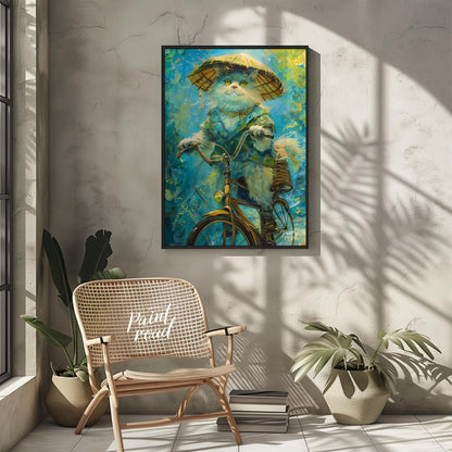 This enchanting digital painting depicts a fluffy white cat, wearing a large, traditional straw hat… for living room