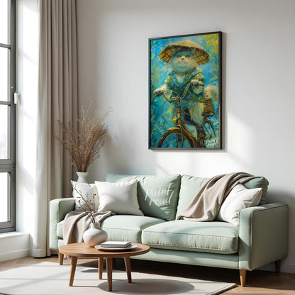 This enchanting digital painting depicts a fluffy white cat, wearing a large, traditional straw hat… for living room