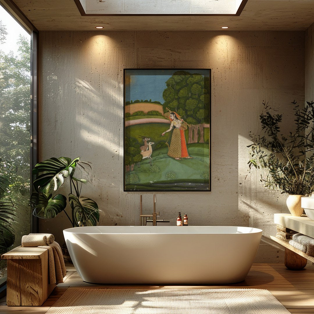Immerse yourself in the tranquility of nature with this exquisite painting, where a gracefully for Bathroom