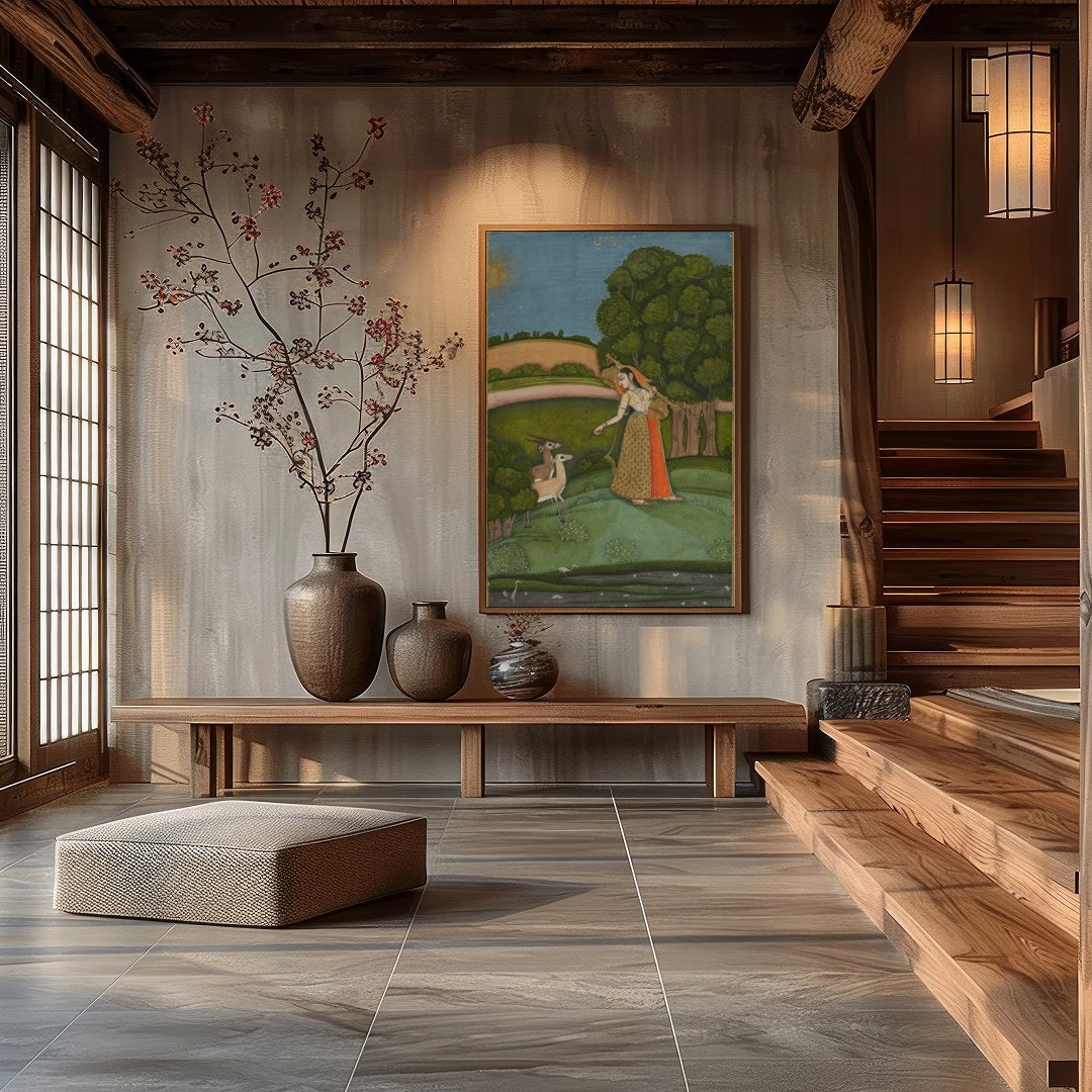 Immerse yourself in the tranquility of nature with this exquisite painting, where a gracefully for Hall