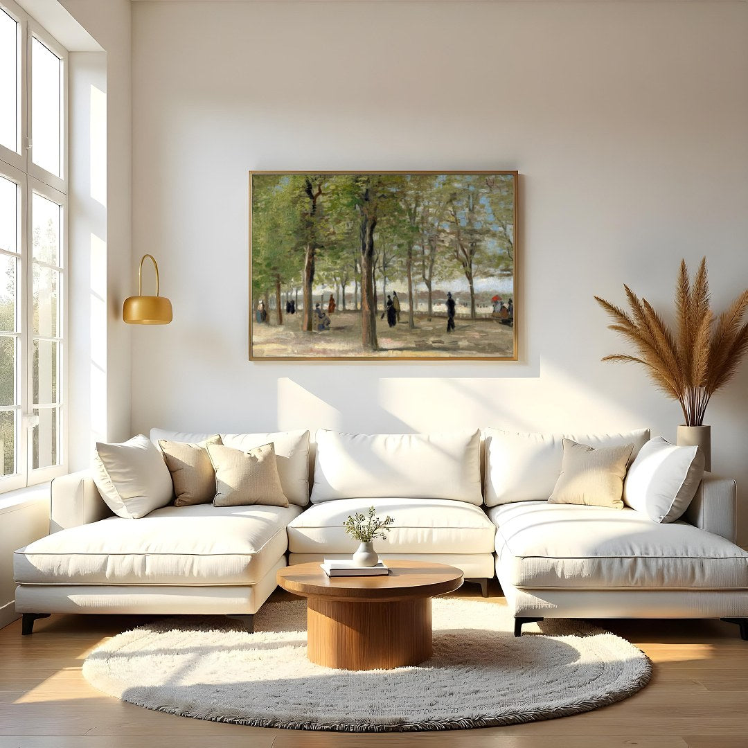 Immerse yourself in the tranquility of a leisurely day amidst tall, lush trees with this for Living Room