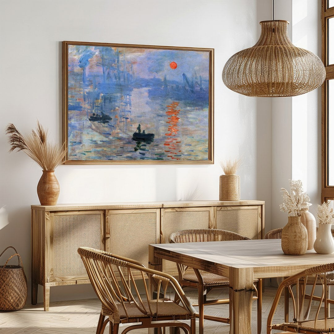 This exquisite artwork captures the ethereal beauty of a sunrise over an industrial harbor. The for Dining