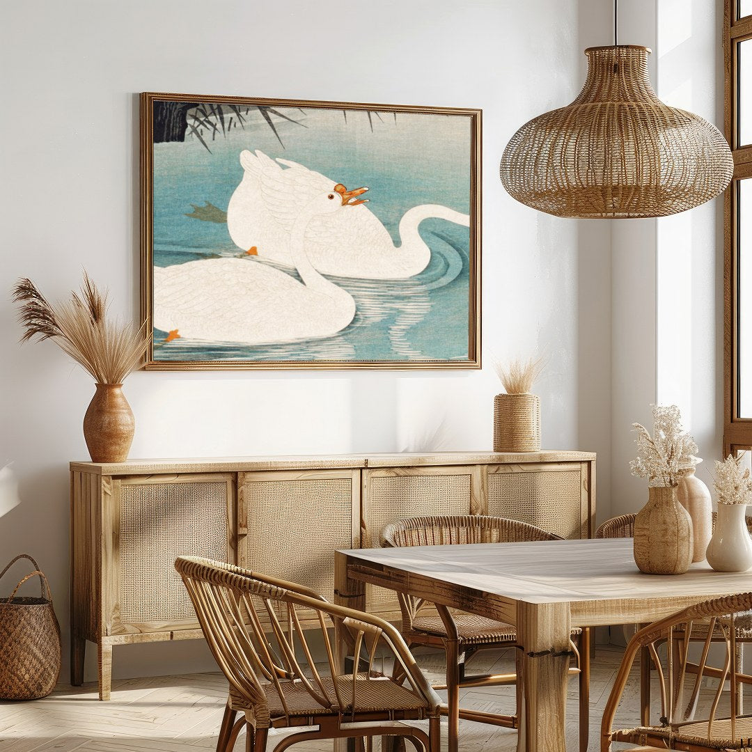Experience the grace and elegance of nature with this exquisite depiction of swans gliding through for Dining