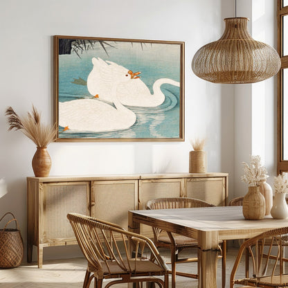 Experience the grace and elegance of nature with this exquisite depiction of swans gliding through for Dining